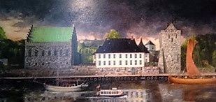 Dette er hovedverket mitt som ble ferdig i 2002. ( Fotografiet er litt utydelig - beklager dette) 
Det er hele 1m x 2m. Det er malt for å henge i det 